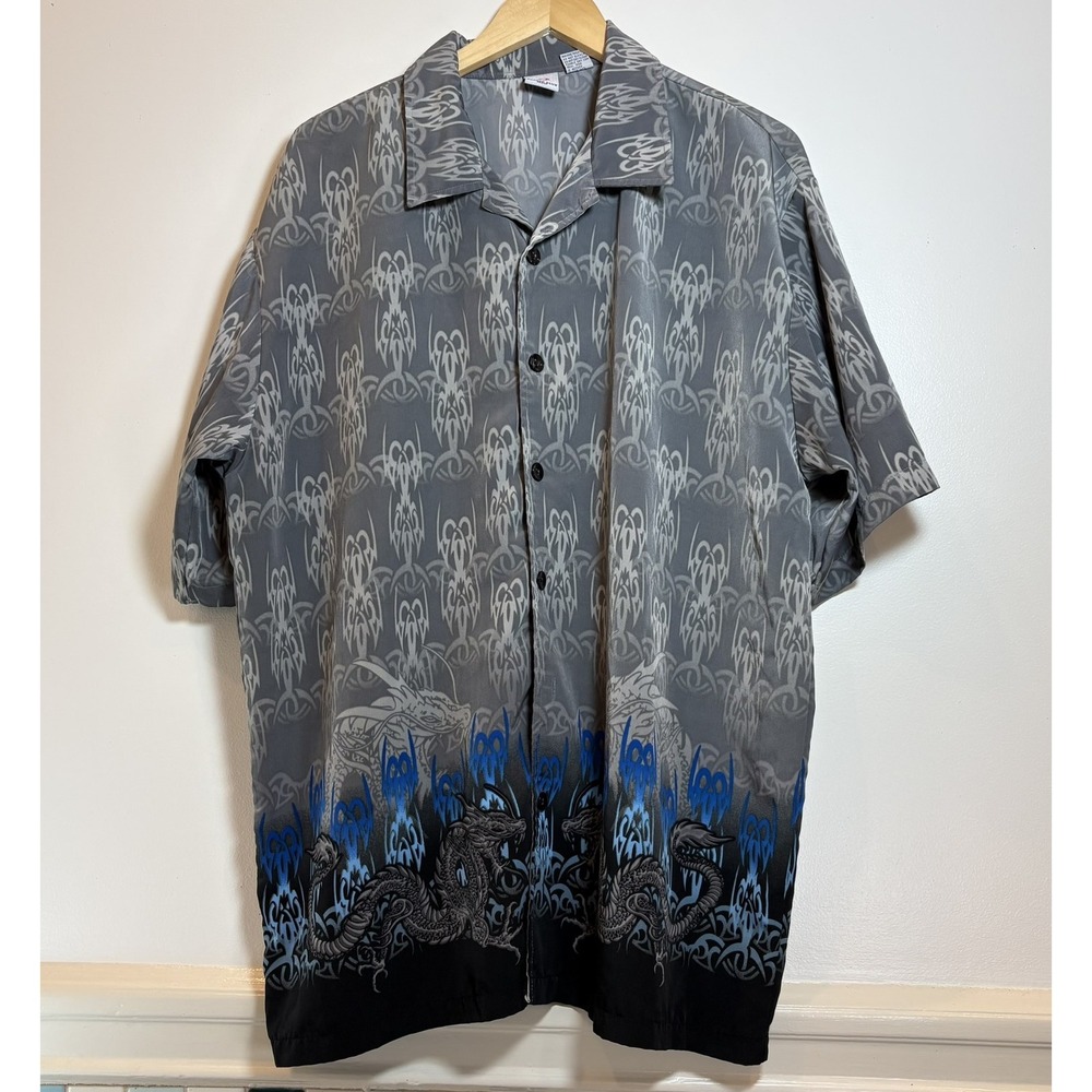 Vintage Anchor Blue Mens XL Grey Tribal Dragon Flame Button Up Shirt Y2K READ
